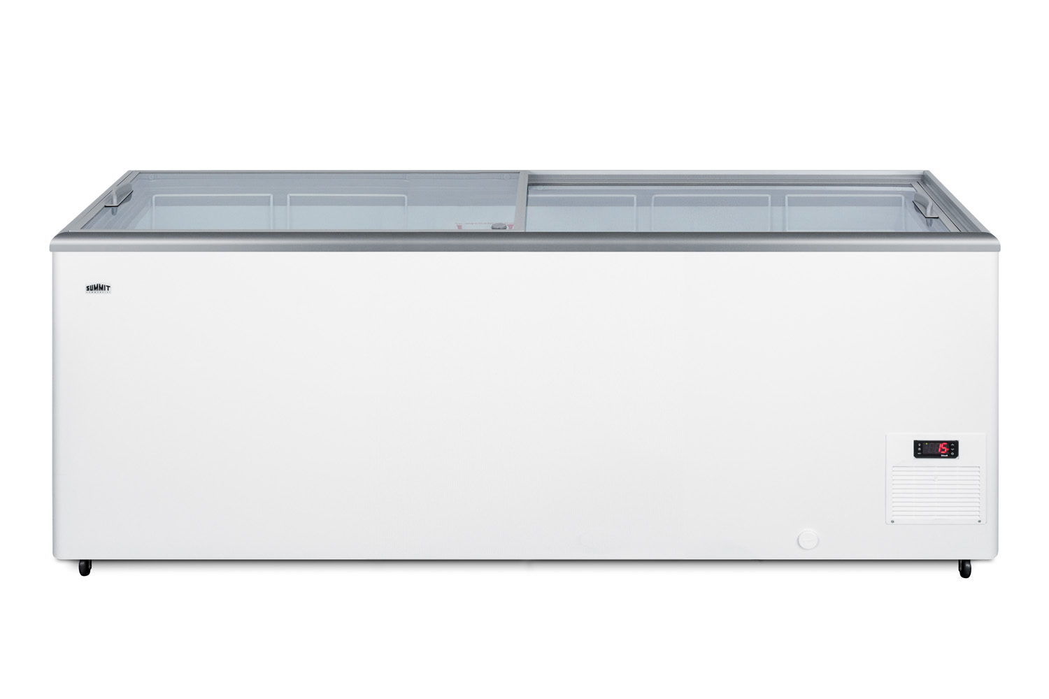 Flat top commercial ice cream freezer with sliding glass lid, digital thermostat, novelty baskets, and 21.3 cu.ft. capacity